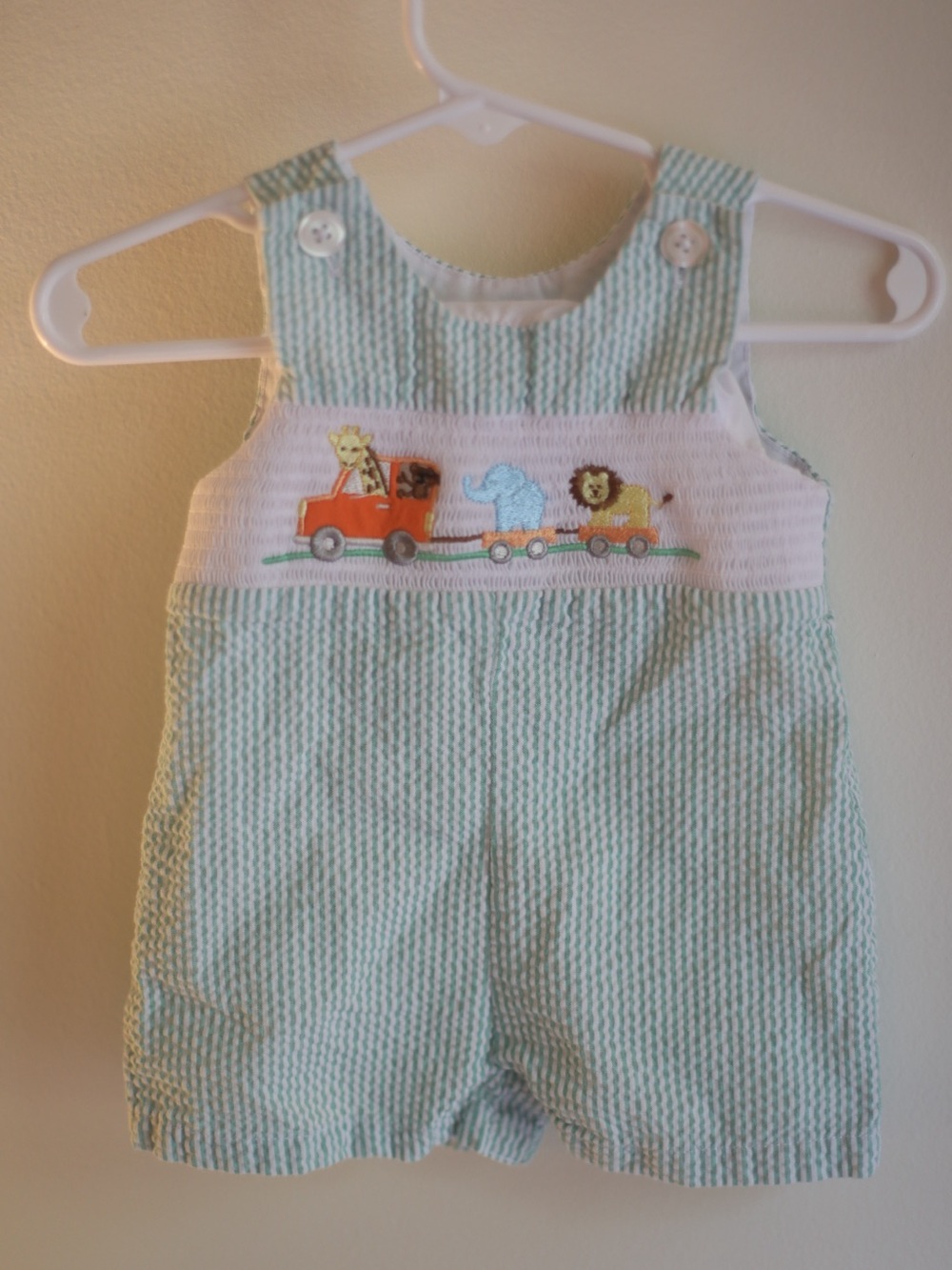 Baby Boy 3M Green Seersucker Smocked Jon Jon Romper Safari Animals Embroidered